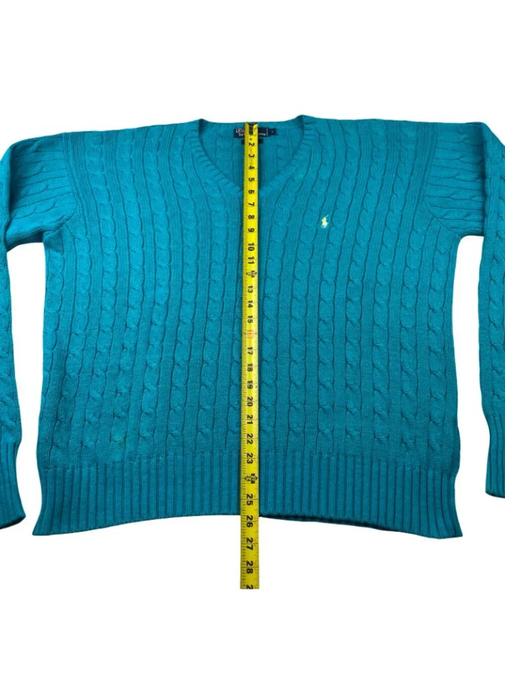 VTG Polo Ralph Lauren Men's 100% Cotton Cable-Knit V-Neck Sweater Teal • Large